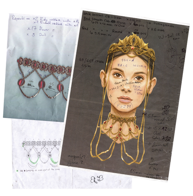 Overlapping photos of film production concepts. A drawing of the Actor Millie Bobby-Brown wearing ornate gold jewellery from the movie Damsel. Other pictures of the necklace designs from the movie.